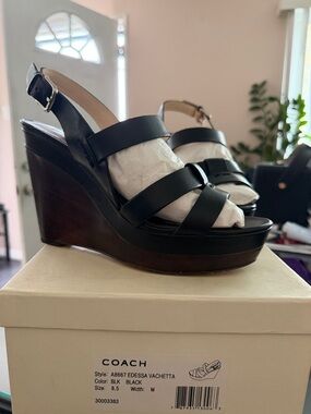 Coach Black Leather Platform Wedge Sandals with Dark Wood-Look Heel